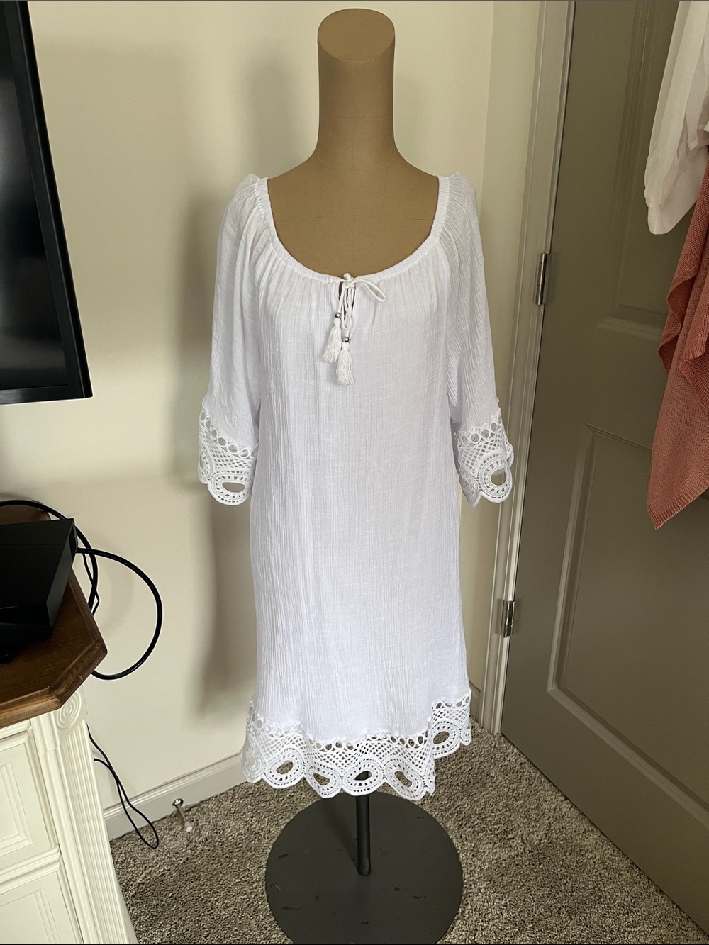 Mlle Gabrielle White Cotton Gauze Midi Dress with Tassel Tie